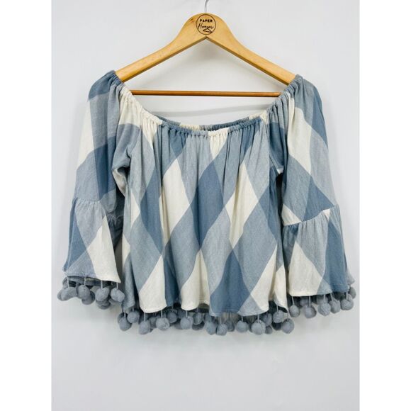 Tularosa Alexa Plaid Off the Shoulder Viscose Top in Cottage Blue, Size Small - Picture 2 of 10